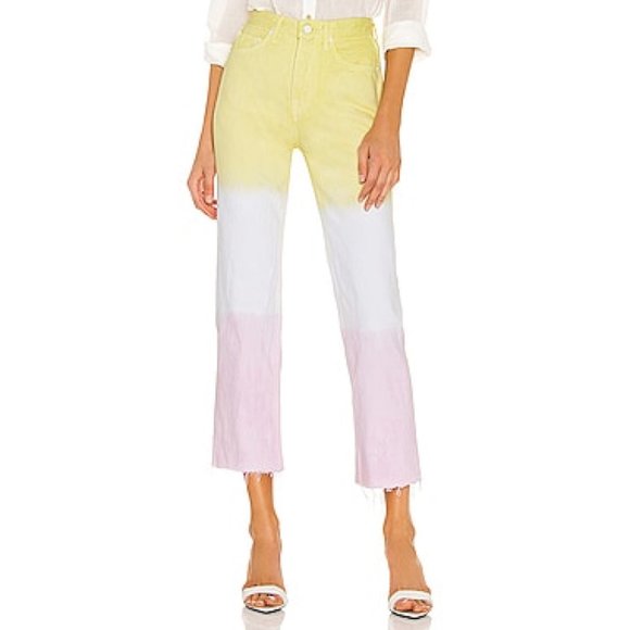Grlfrnd NWT Mica Crop Color Block Straight Leg Denim Jeans Pink Crush 27 New - Picture 1 of 15